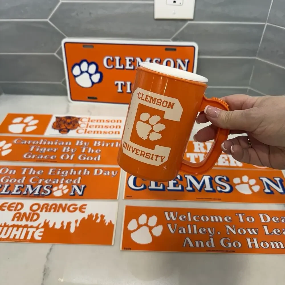 Vintage Clemson Tigers Fan Lot License Plate Bumper Sticker Travel Mug Sippy Cup